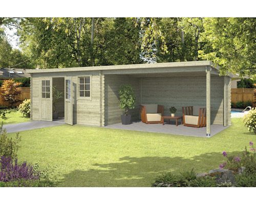 Tuinhuis met overdekt terras en tuinmeubelen op een gazon