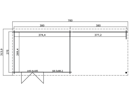 Technische tekening van een tuinhuis met afmetingen