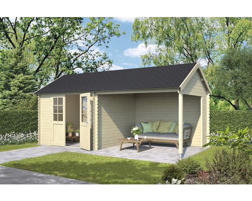 Houten tuinhuis met terras en zwart dak