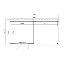 Plattegrondtekening van een tuinhuis met afmetingen