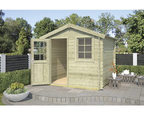 Houten tuinhuis met open deur en raam