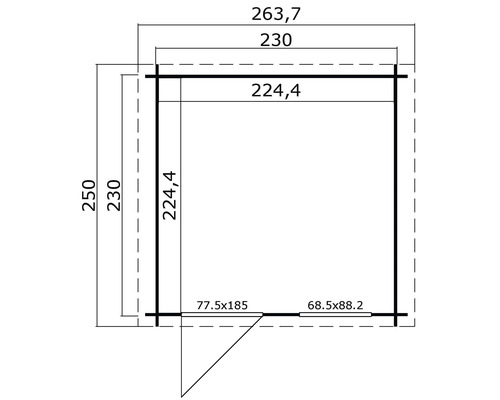 Plattegrondtekening van een tuinhuis met maatvoering