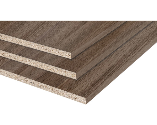 Meubelpaneel donker eiken tweezijdig afgewerkt 18x400x2500mm Drie spaanplaten met houten structuur
