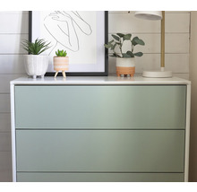 Kast met drie laden, planten en lamp erop