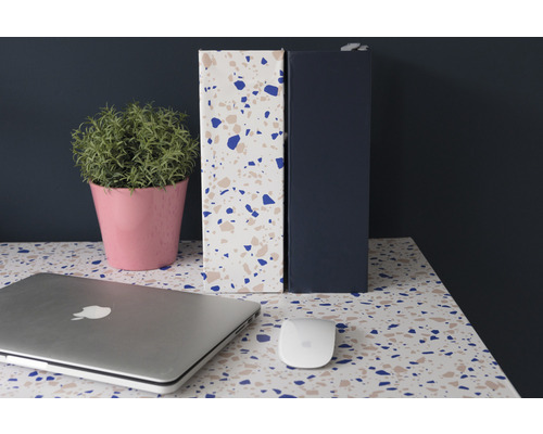 Bureauopstelling met laptop, computermuis, plant in pot en mappen