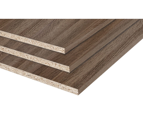 Meubelpaneel donker eiken tweezijdig afgewerkt 22x670x2500mm Drie spaanplaten met houtnerf