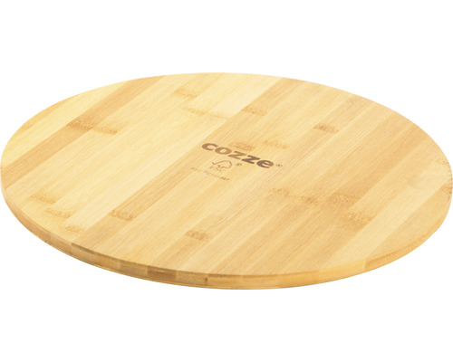 Ronde pizzaschep van bamboe met Cozze logo