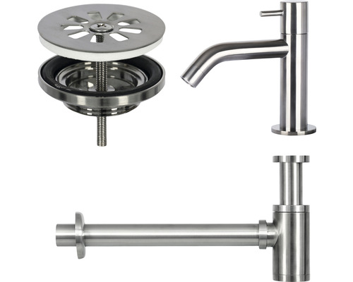 Wastafelkraan, sifon en afvoergarnituur van roestvrij staal