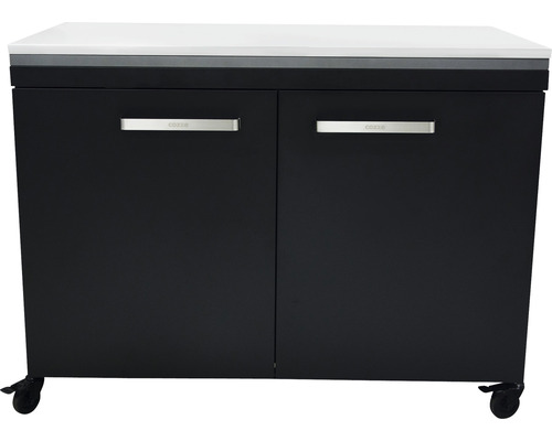 Onderkast met twee deuren, handgrepen, wielen en een tafelblad.