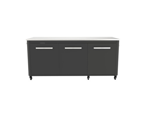 Keukeneiland met drie kastdeuren en wit werkblad op wielen