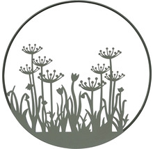 Decoratieve tuindecoratie van metaal met plantmotief in een rond frame