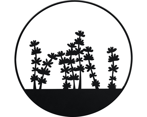 Decoratieve wanddecoratie met plantenmotief in een ronde lijst.