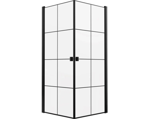 Hoekdouche met zwarte profielen en heldere glazen wanden