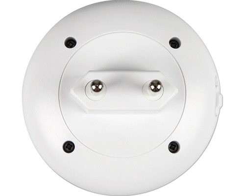 Achterkant van een ronde, witte stopcontactlamp met stekker