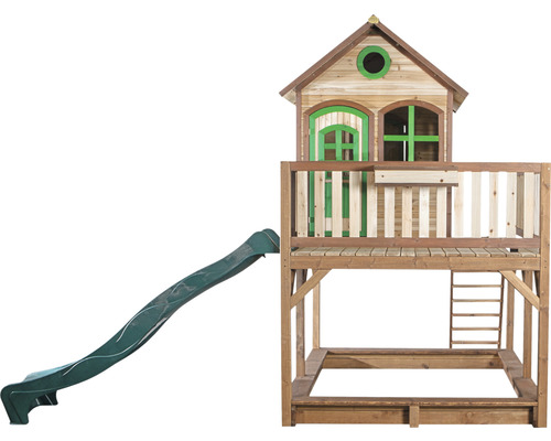 Speeltoren met glijbaan en zandbak van hout