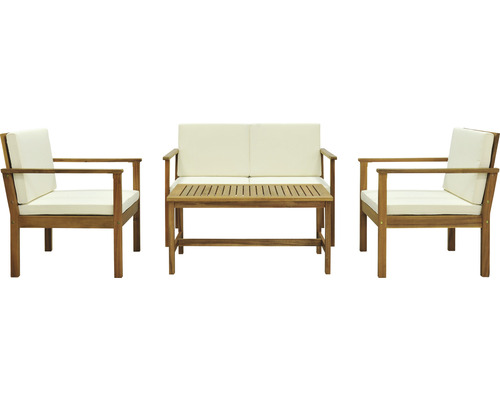 Tuinmeubelset met twee stoelen, een tweezitsbank en een houten tafel