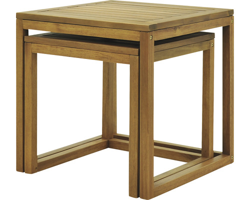 Twee vierkante bijzettafels van hout