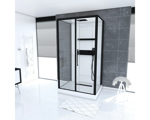 Douche met zwart frame in een lichte badkamer.