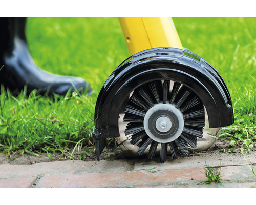 Detailopname van een voegenkrabborstel die in de tuin wordt gebruikt om straatstenen schoon te maken