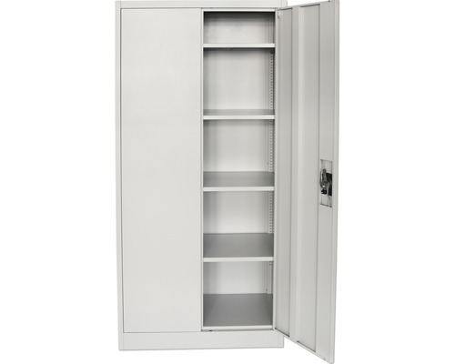 Metalen kast met legplanken en open deur