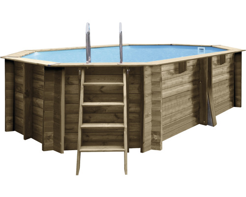 GRE Opbouwzwembad Normandie grenenhout complete set ovaal 436x336x117 cm Houten zwembad met ladder