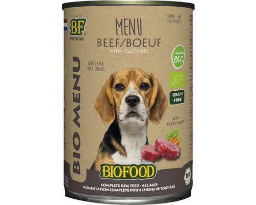 BIOFOOD Organic hondenvoer nat rund 400 g Biologische voeding blik met rundvlees voor honden van alle leeftijden