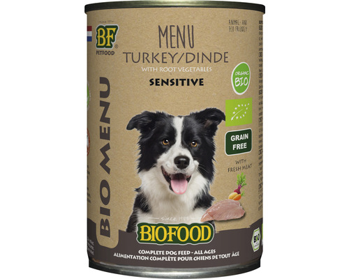 BIOFOOD Hondenvoer Organic natvoer kalkoen menu 400 g Biofood hondenvoer kalkoen met wortelgroenten Sensitive in blik