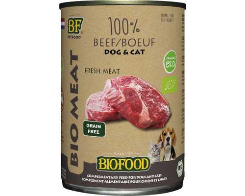 BIOFOOD Hond- en kattenvoer Organic natvoer 100% rund 400 g Biologisch blikvoer voor honden en katten met rundvlees