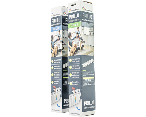 Twee Prillo radiatorventilatoren in verpakking, maten 80 cm en 120 cm.
