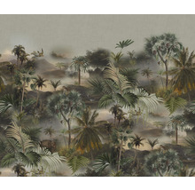 Behang met jungle motief, inclusief palmbomen, olifanten en andere jungle dieren