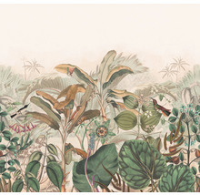Illustratie van een weelderig tropisch tafereel met planten en vogels