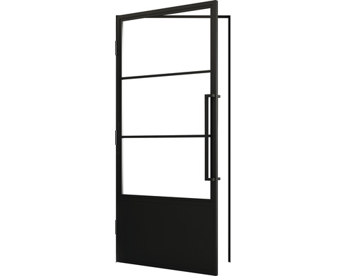 Zwarte binnendeur met drie glazen panelen en een metalen handgreep