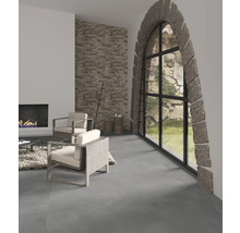 Woonkamer met open haard, natuurstenen muur en fauteuils