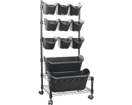 Plantenrek met meerdere plantenbakken van verschillende grootte op een verrijdbaar frame