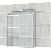 Glazen en metalen muurkas met schappen voor het kweken van planten.