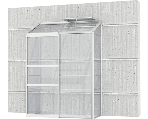 Glazen en metalen muurkas met schappen voor het kweken van planten.