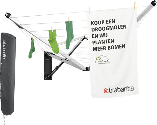 Droogmolen voor wandmontage met waszak en sokken om te drogen