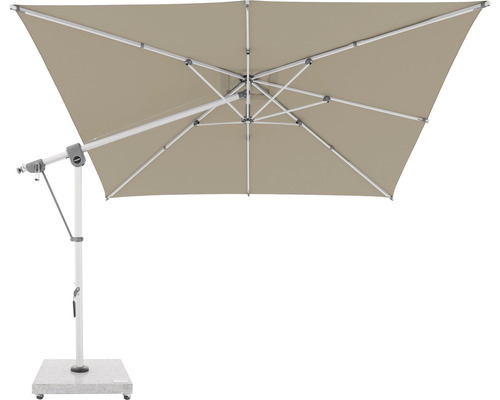 Vierkante zweefparasol met slinger en stabiele voet.