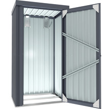 Open metalen gereedschapsschuur met rekken voor tuingereedschap