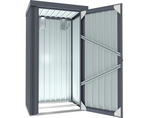 Open metalen gereedschapsschuur met rekken voor tuingereedschap