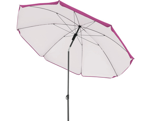 Geopende parasol met roze rand.
