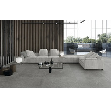 Moderne woonkamer met grijze vloertegels, zithoek en houten wandbekleding