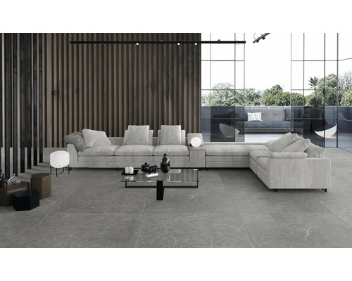 Moderne woonkamer met grijze vloertegels, zithoek en houten wandbekleding