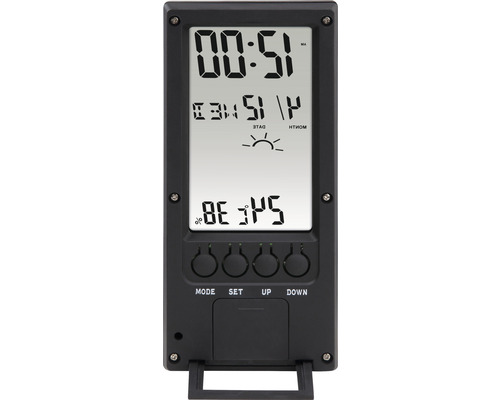 Digitaal weerstation met weergave van tijd, datum en temperatuur