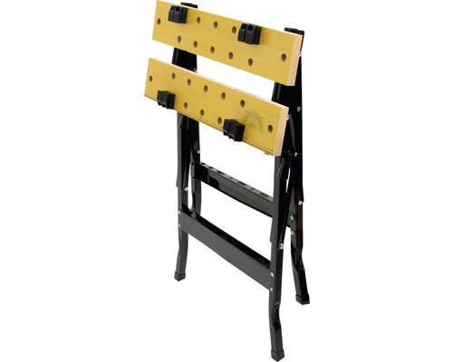 Werkbank met twee houten planken en zwart metalen frame