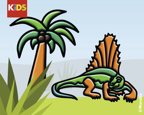 Illustratie van een dinosaurus naast een palmboom voor kinderen