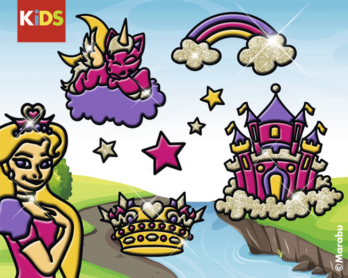 Illustratie met sprookjesmotieven zoals prinses, eenhoorn, kasteel, kroon en regenboog voor kinderen