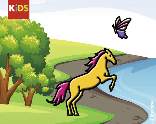 Illustratie van een paard met vlinder voor een landschap