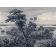 Illustratie van een landschap met olifanten, bomen en water