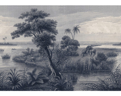 RASCH Fotobehang vlies 556124 Lirico natuur 371x265 cm Illustratie van een landschap met olifanten, bomen en water